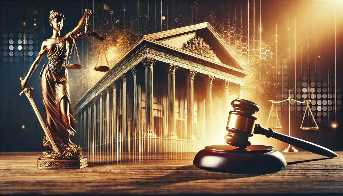 Scales of justice and gavel in front of a courthouse