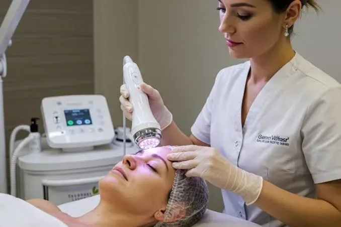 Aesthetician performing a skin treatment in a clinic